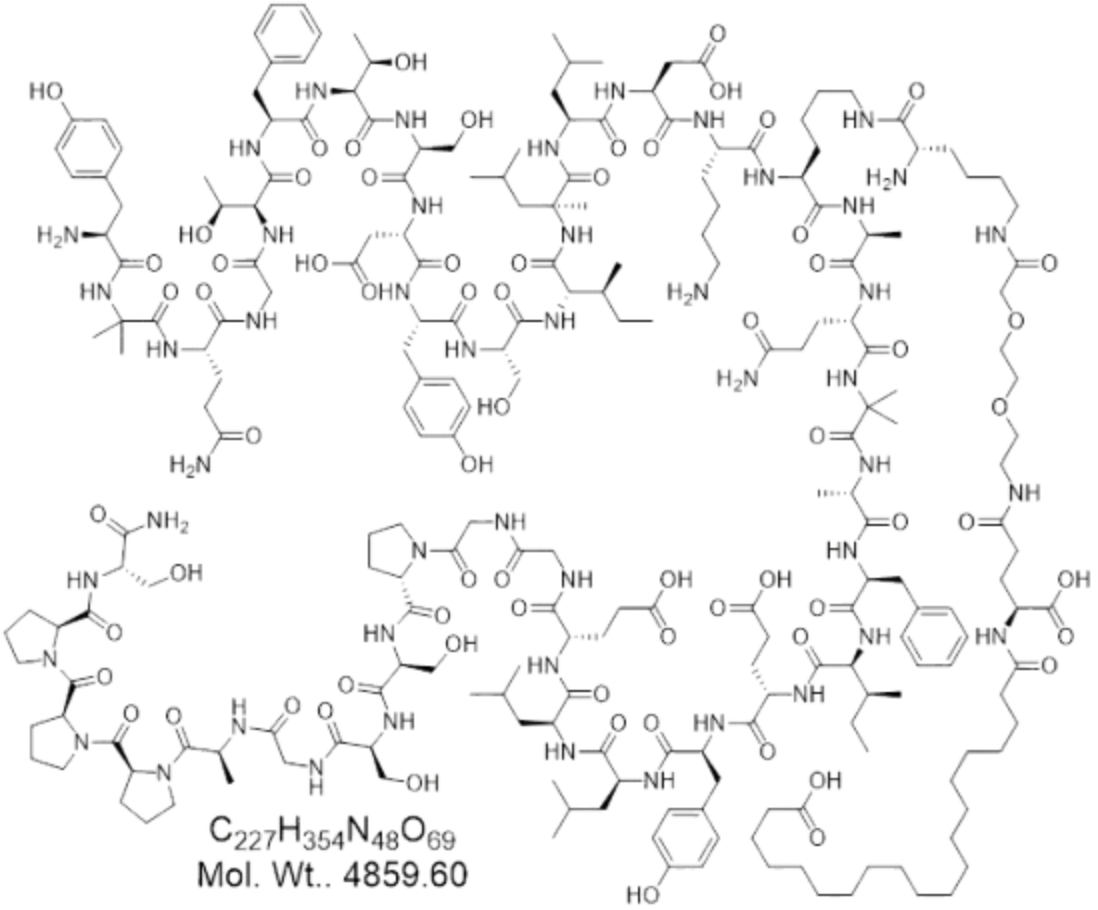 Molecular structure of Sermorelin peptide, a growth hormone-releasing hormone analogue, showing chemical bonds for peptide therapy research.
