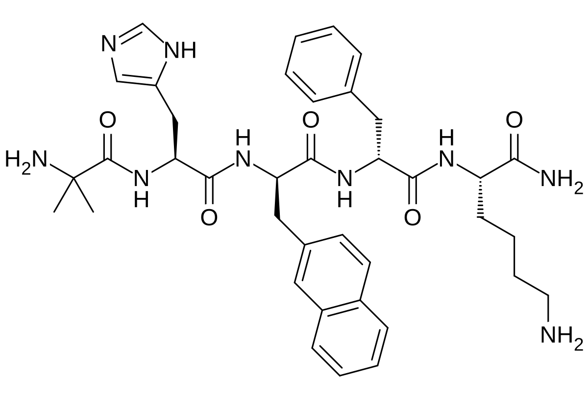 Molecular structure of Ipamorelin peptide, a selective growth hormone secretagogue, showing chemical bonds for peptide therapy research.