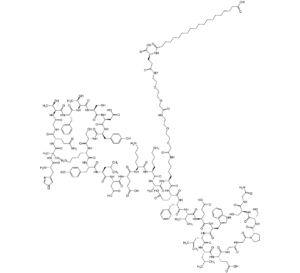 Molecular structure of Mazdutide peptide, a GLP-1R/GCGR dual agonist, showing chemical bonds for weight loss and diabetes research