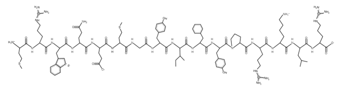 Diagram of MOTS-c chemical structure, a mitochondrial peptide with 16 amino acids, showing molecular composition for metabolism research" title="MOTS-c Chemical Structure: Mitochondrial Peptide Diagram