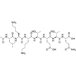 Molecular structure of TB-500 peptide, Thymosin Beta-4, showing chemical bonds for tissue repair and anti-aging research