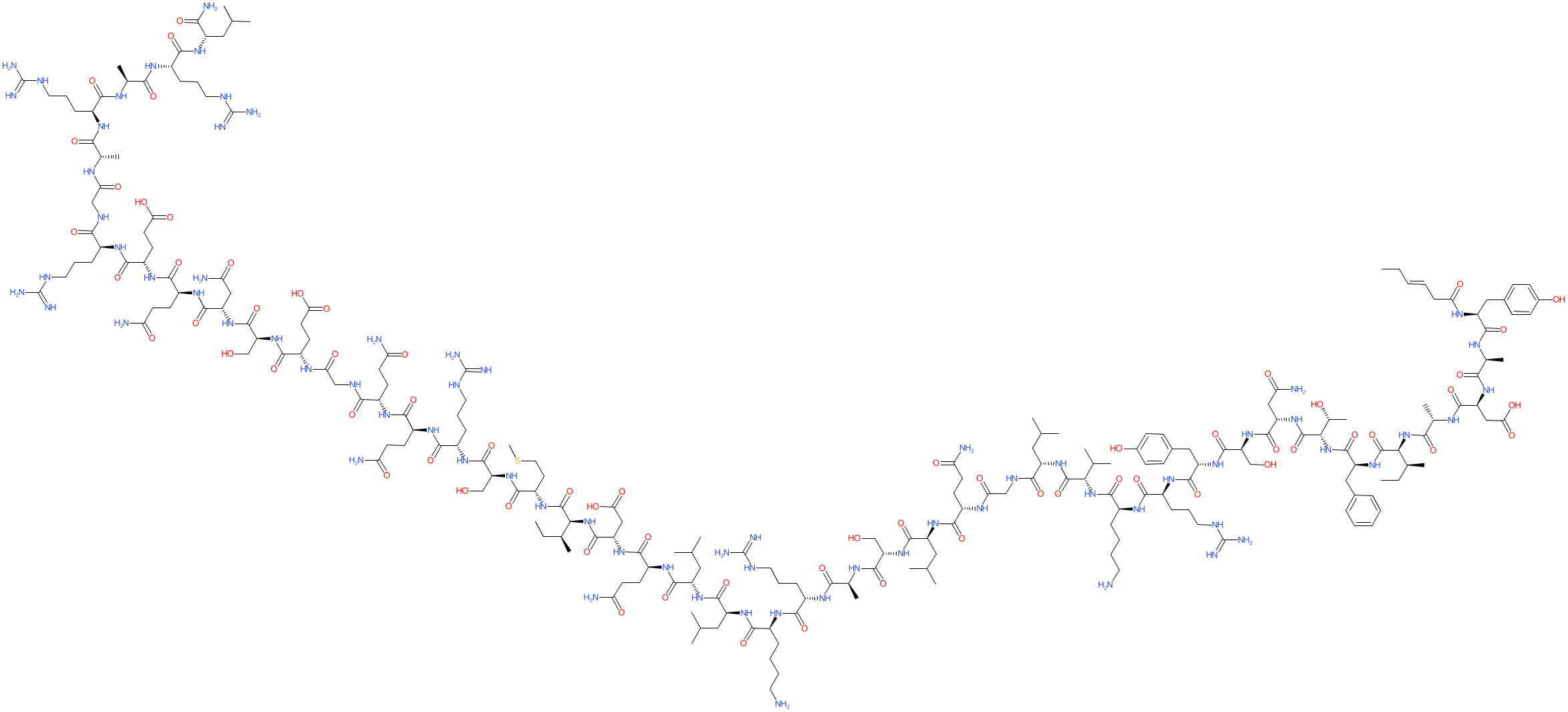 Chemical structure of Tesamorelin, a 44-amino-acid peptide and GHRH analog, featuring a trans-3-hexenoic acid modification at the N-terminus, with its amino acid sequence and molecular details (C₂₂₁H₃₆₆N₇₂O₆₇S, 5135.79 g/mol) displayed in a scientific diagram.