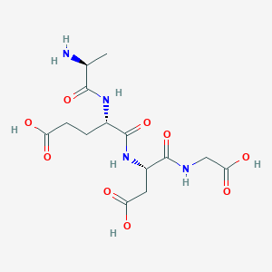 Epithalon molecule structure diagram showing the tetrapeptide Ala-Glu-Asp-Gly (AEDG) with molecular formula C14H22N4O9, highlighting its role in telomerase activation and anti-aging research